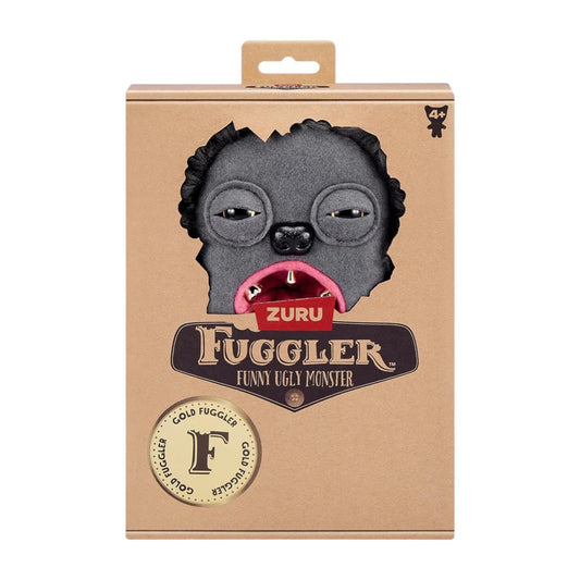 Grey long-haired Fuggler Gold Fuggs 9-inch plush Hedge Grog with slitted eyes and three human-like golden teeth.