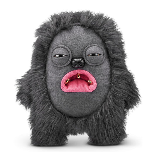Grey long-haired Fuggler Gold Fuggs 9-inch plush Hedge Grog with slitted eyes and three human-like golden teeth.