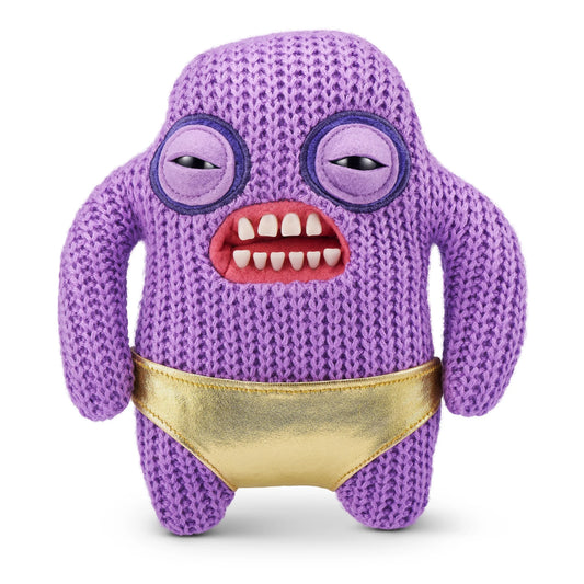 Fuggler Gold Fuggs Series 1 Mr Needles 9-inch plush featuring a purple knit body, realistic teeth, and golden pleather underwear.
