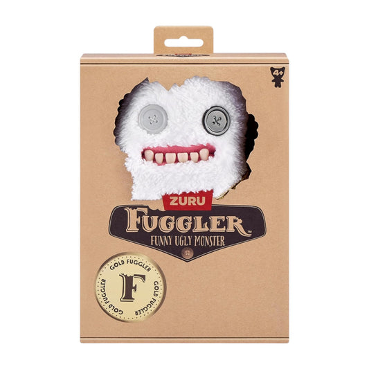 White fuzzy Fuggler Gold Fuggs 9-inch plush Sir Splodge A Lot wearing a metallic gold pleather vest with mismatched button eyes.