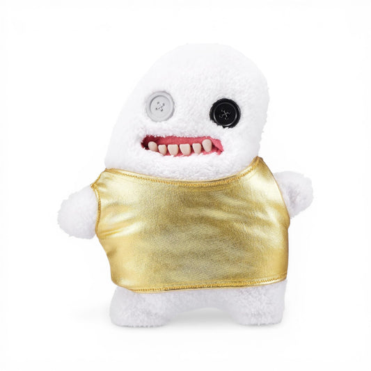 White fuzzy Fuggler Gold Fuggs 9-inch plush Sir Splodge A Lot wearing a metallic gold pleather vest with mismatched button eyes.