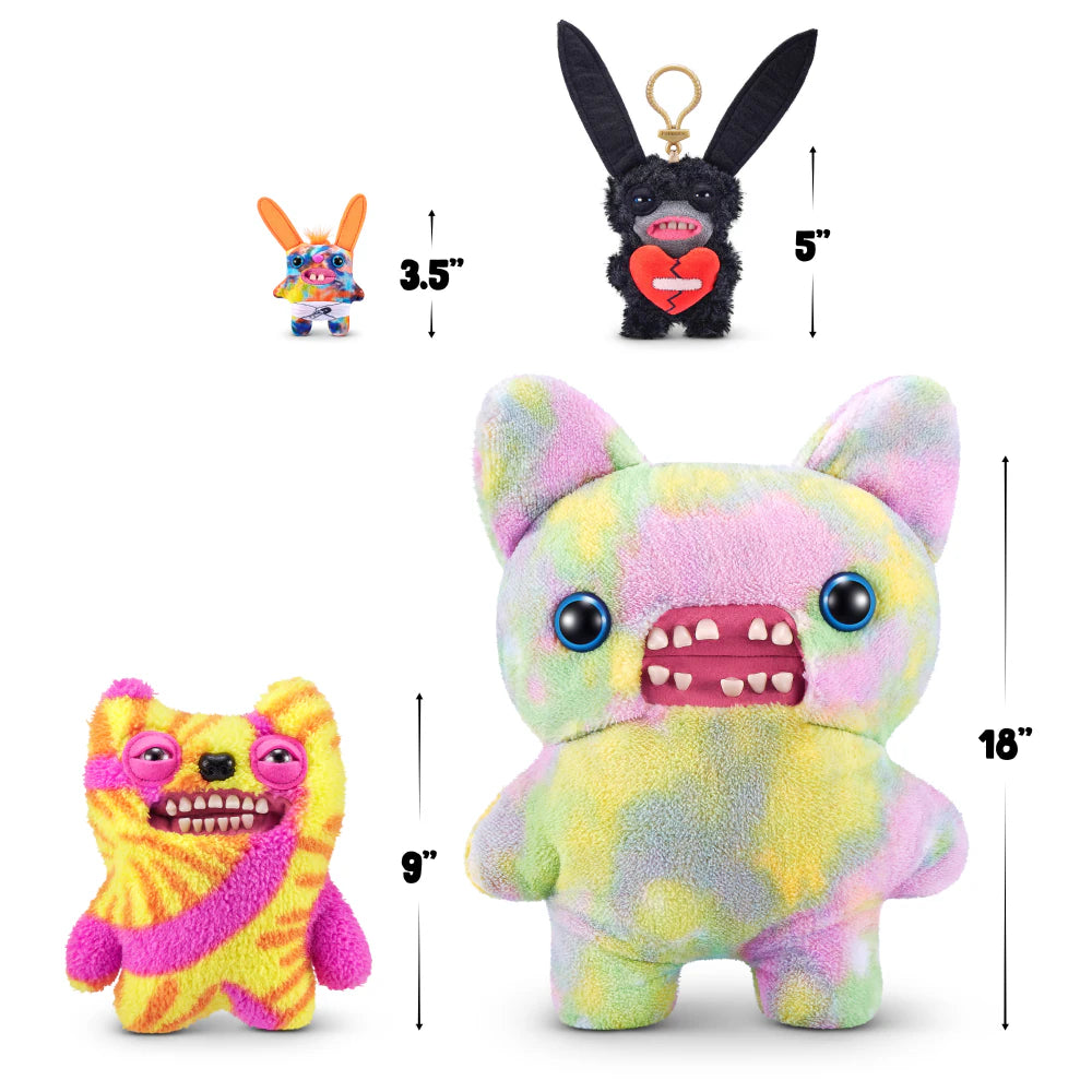 Set of colorful plush toys with measurements on a white background