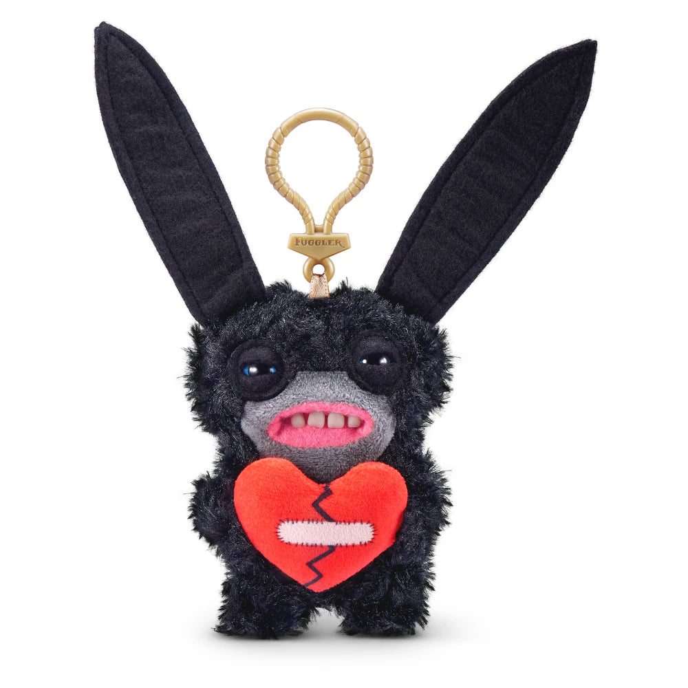 Fuggler Series 5 Lord Long Ears 5-inch keyring plush in Black variation, featuring long black ears and holding a stitched broken heart.