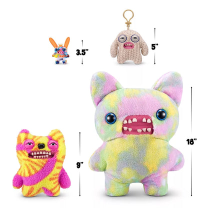 Set of colorful plush toys with measurements on a white background