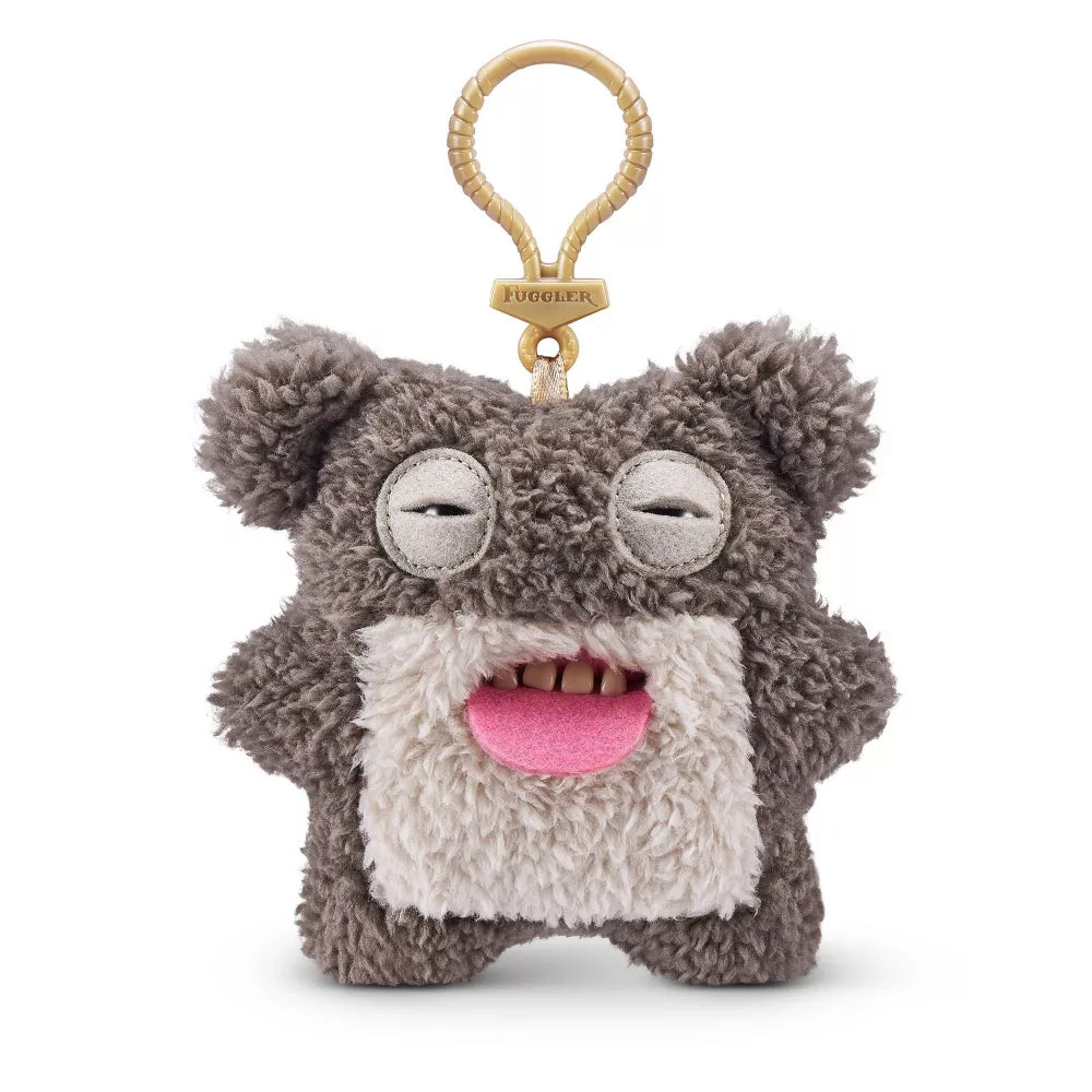Fuggler Series 5 Scaresome Square Bear 5-inch keyring plush in Grey variation, featuring a charcoal grey square body and pink tongue.