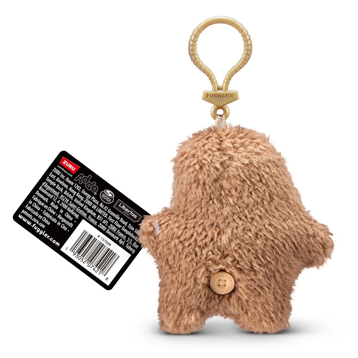 Fuggler Series 5 Sir Splodge-A-Lot 5-inch keyring plush in Brown variation, featuring fuzzy brown fur, button eyes, and human-like bottom teeth.