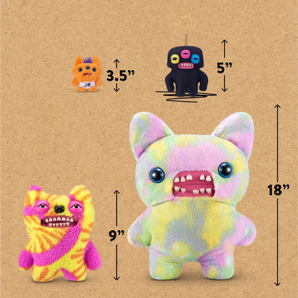 Four colorful plush toys with measurements on a brown background