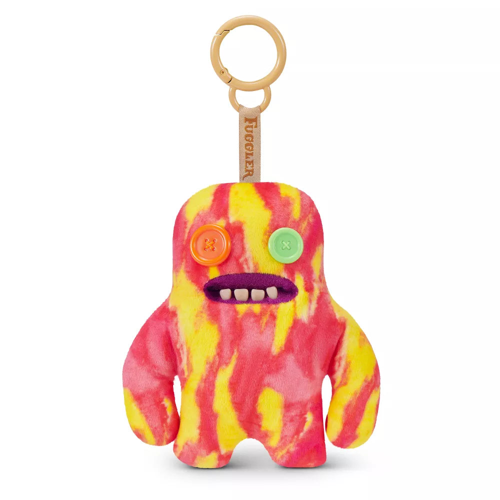 Fuggler Series 6 Sasquoosh 5-inch keyring plush in Red and Yellow variation, featuring tie-dye felt fur, mismatched button eyes, and human-like teeth.