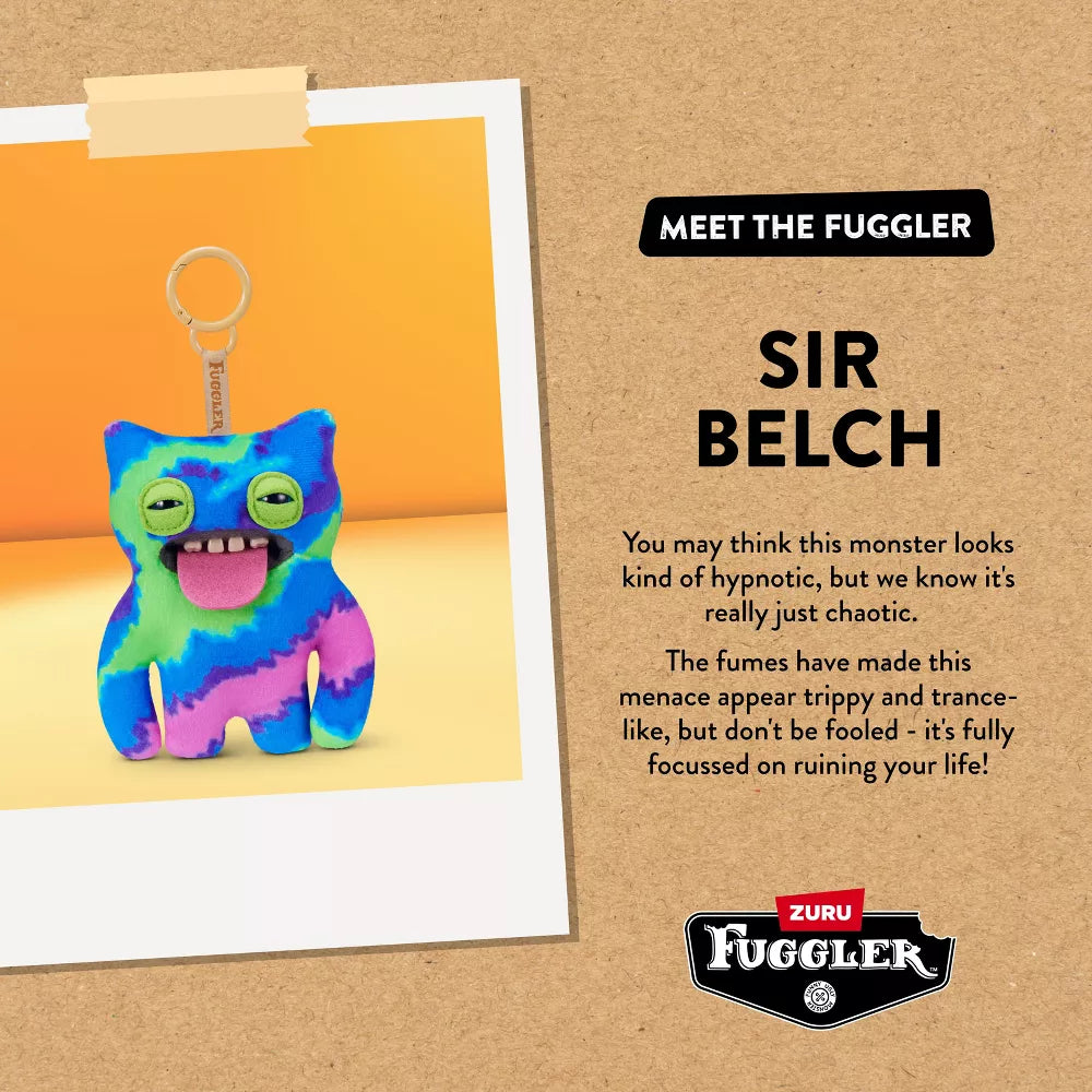 Bio card for Fuggler Series 6 Sir Belch 5-inch keyring plush in Blue Tie-Dye variation, featuring vibrant green, blue, and purple fleece, green slitted eyes, and a sticking out tongue.