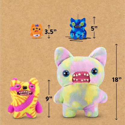 Colorful plush toys with measurements on a brown background
