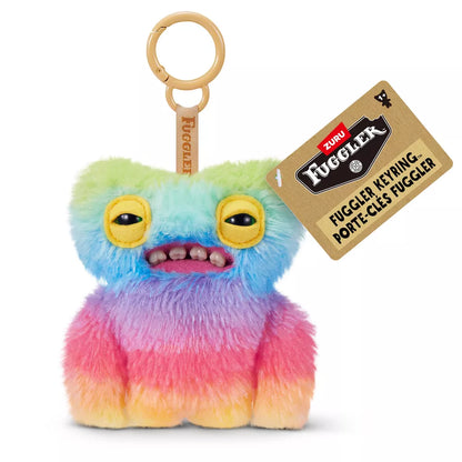 Fuggler Series 6 Wide Eyed Weirdo 5-inch keyring plush in Rainbow variation, featuring vibrant multi-colored fur and human-like teeth.