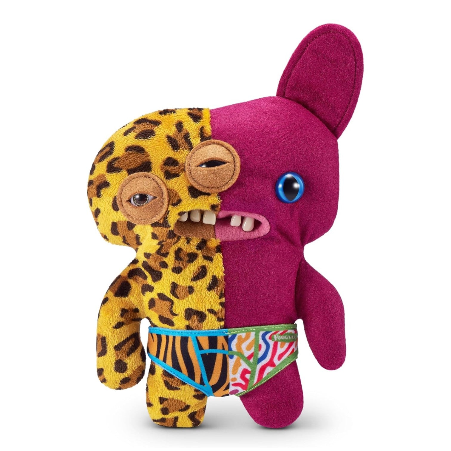 Fuggler Misfit Monsters Annoyed-O plush toy with leopard print and burgundy fur wearing patterned underwear