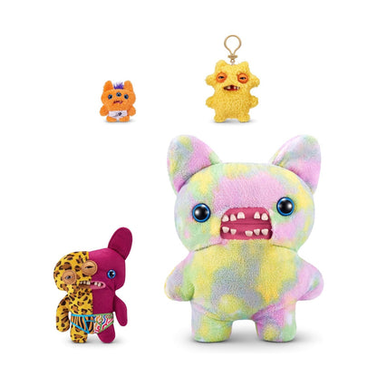 Set of colorful plush toys on a white background