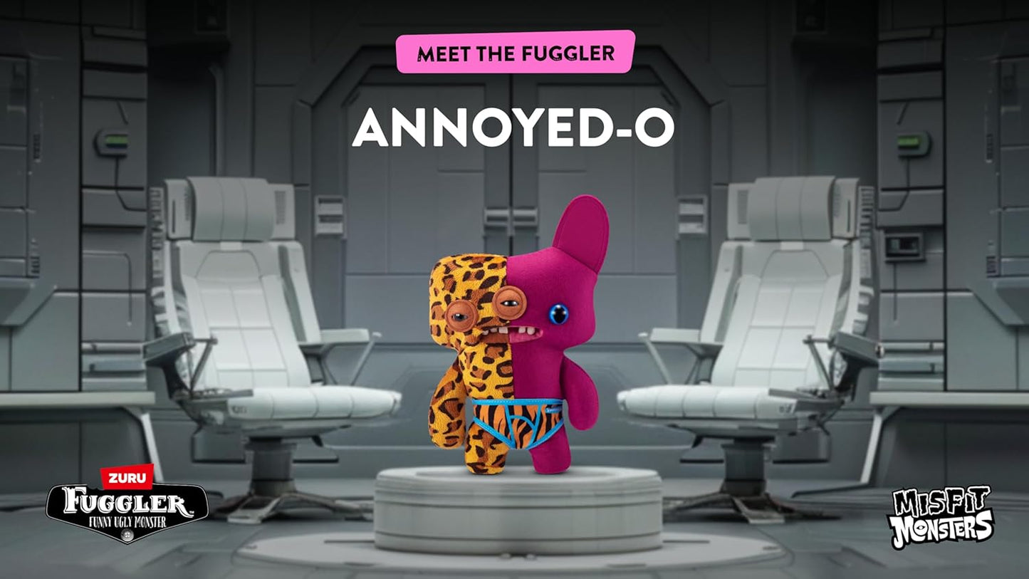 Animated character 'Annoyed-O' in a futuristic setting with chairs and 'Fuggler' branding.