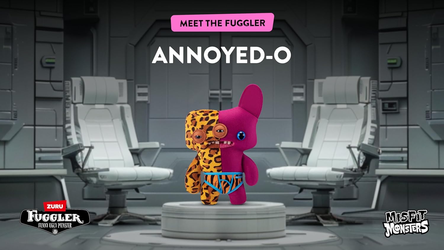 Animated character 'Annoyed-O' in a futuristic setting with chairs and 'Fuggler' branding.