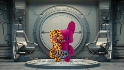 Two colorful cartoon characters in a futuristic room with chairs and a large circular door.
