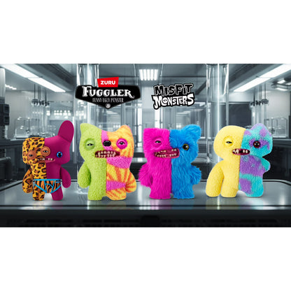Colorful plush toys with 'Zuru' and 'Misfit Monsters' branding on a reflective surface.
