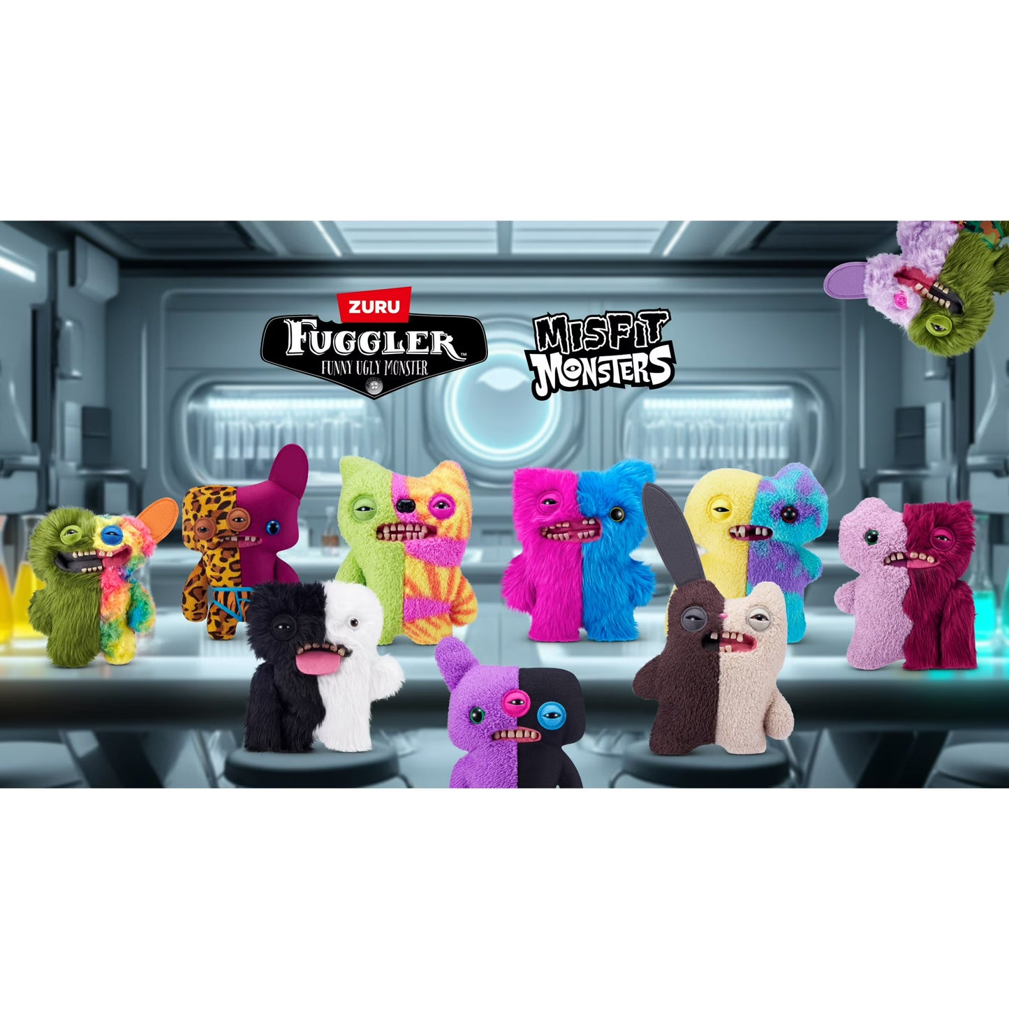 Colorful plush toys resembling monsters on a shelf with 'Zuru' and 'Misfit Monsters' branding.