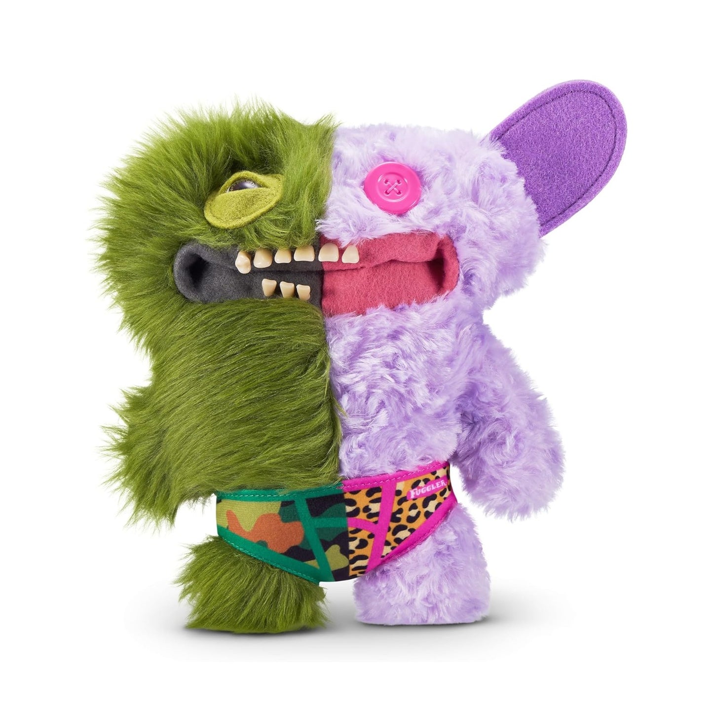 Fuggler Misfit Monsters Captain Undergrin green and lilac plush toy wearing camo and leopard print underwear