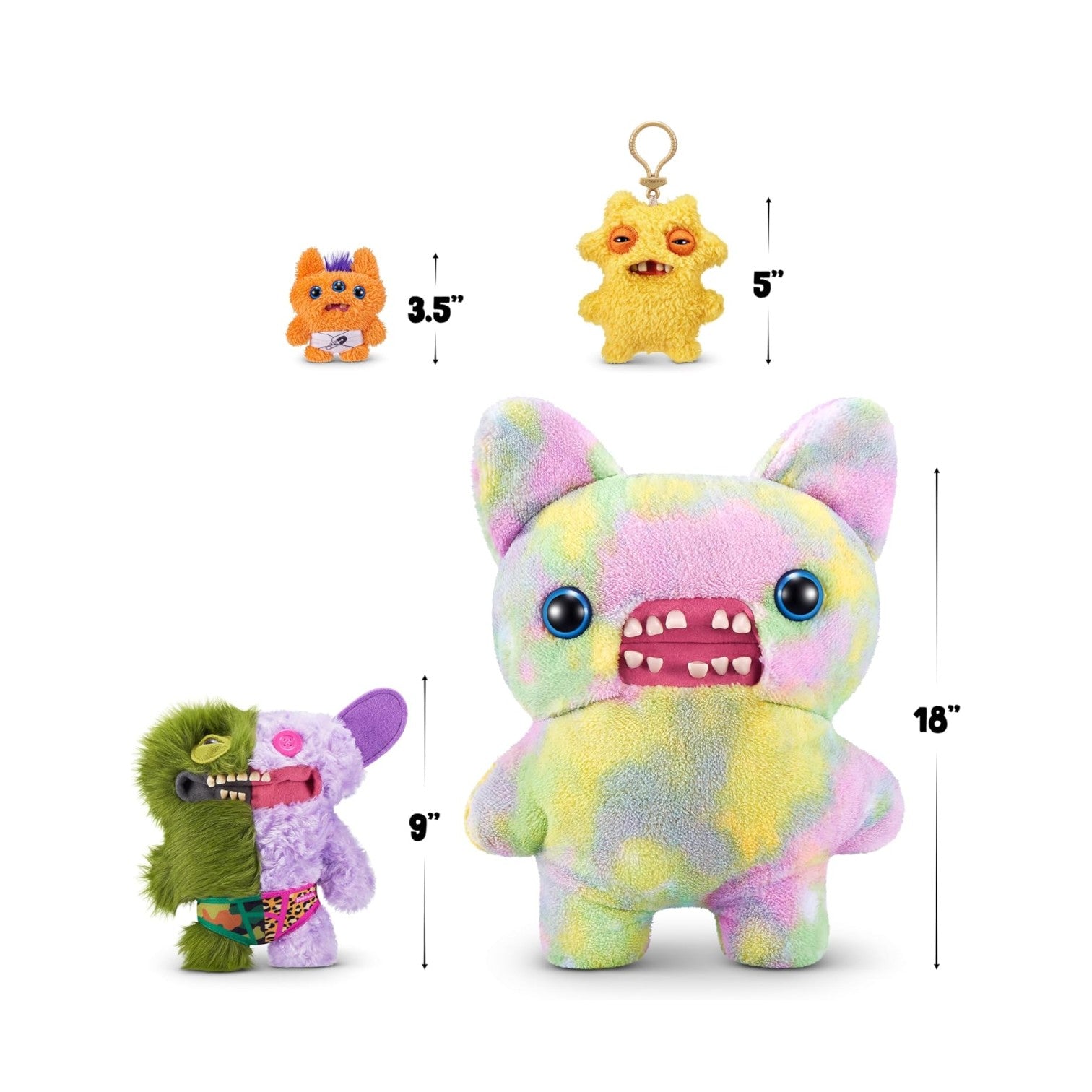 Colorful plush toy with smaller toys and keychain for scale on a white background