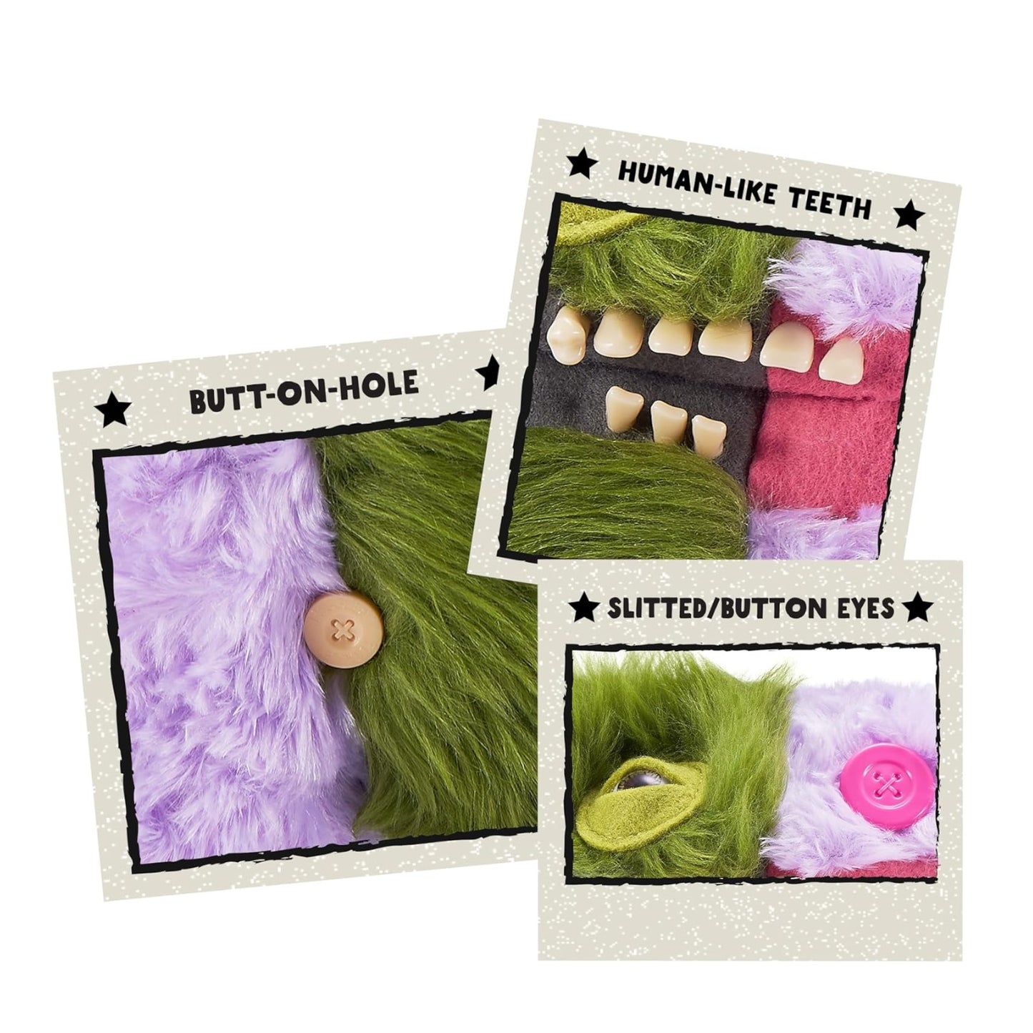 Set of monster parts including hair, teeth, and eyes on a white background