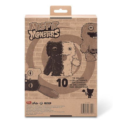 Cardboard packaging for Misfit Monsters with illustrations of monsters and text.