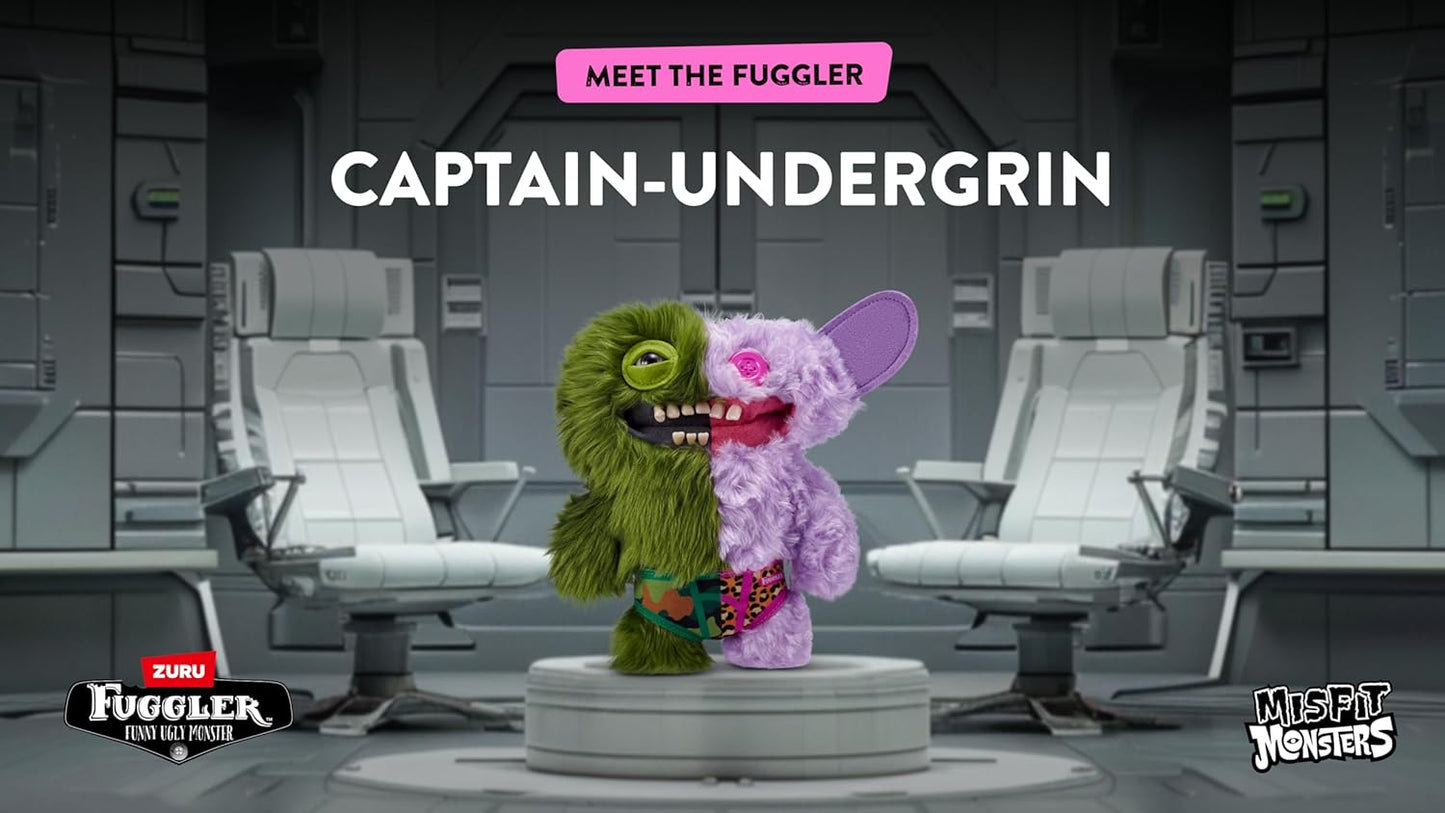 Two fuzzy characters, one green and one pink, standing on a platform with text 'Meet the Fuggler Captain Undergrin' in a futuristic setting.