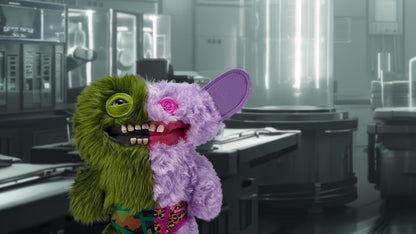Two half-green, half-purple plush toys in a futuristic room with machinery.