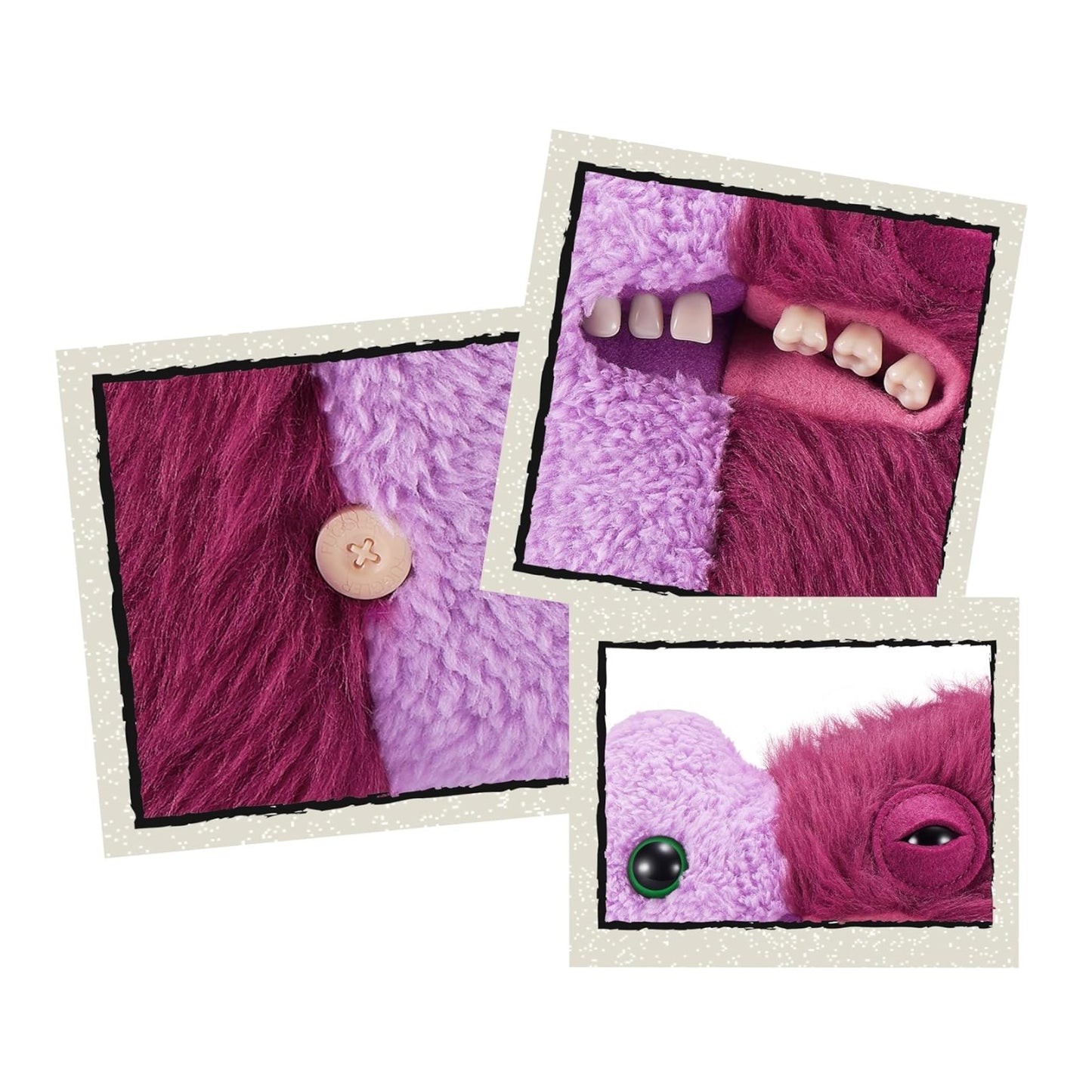 Close-up of pink and purple textured fabric with a button and eye-like object.