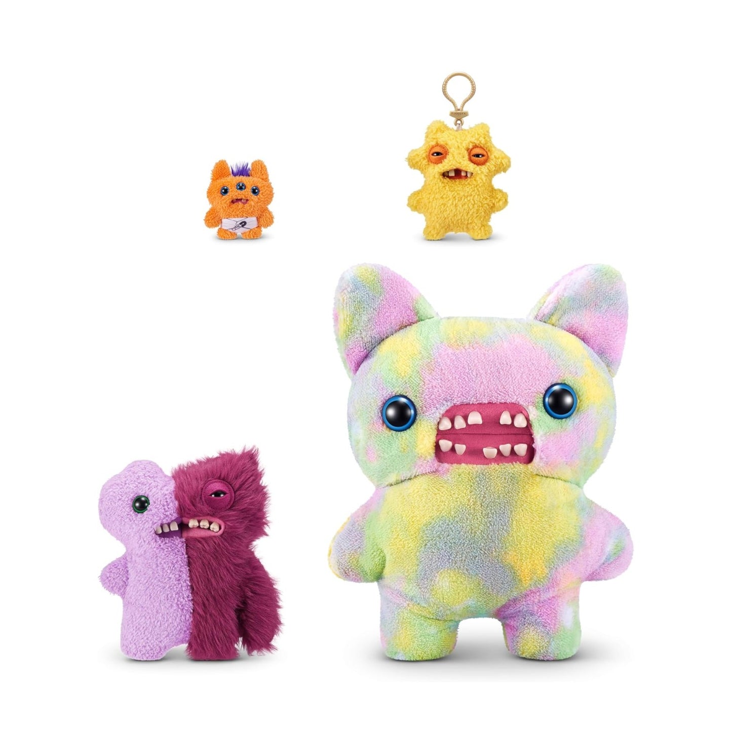 Set of colorful plush toys and keychains on a white background