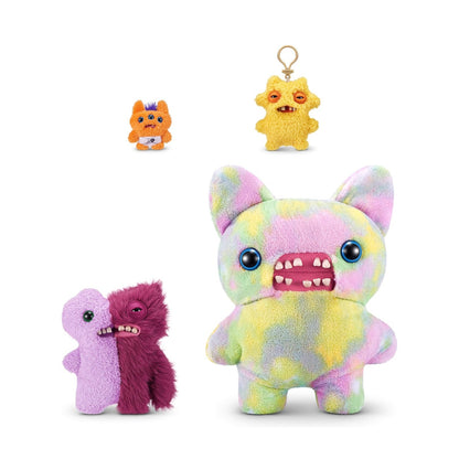 Set of colorful plush toys and keychains on a white background