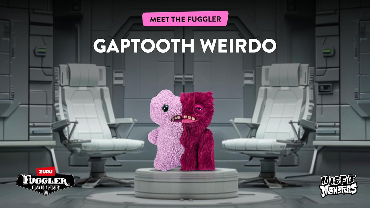 Two colorful characters, a pink one and a red one, sitting on a platform with 'Meet the Fuggler' text above them in a futuristic setting.