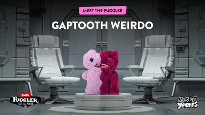 Two colorful characters, a pink one and a red one, sitting on a platform with 'Meet the Fuggler' text above them in a futuristic setting.