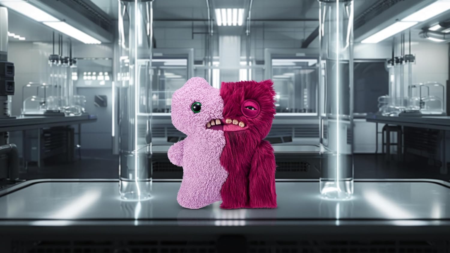 Two colorful plush toys in a laboratory setting