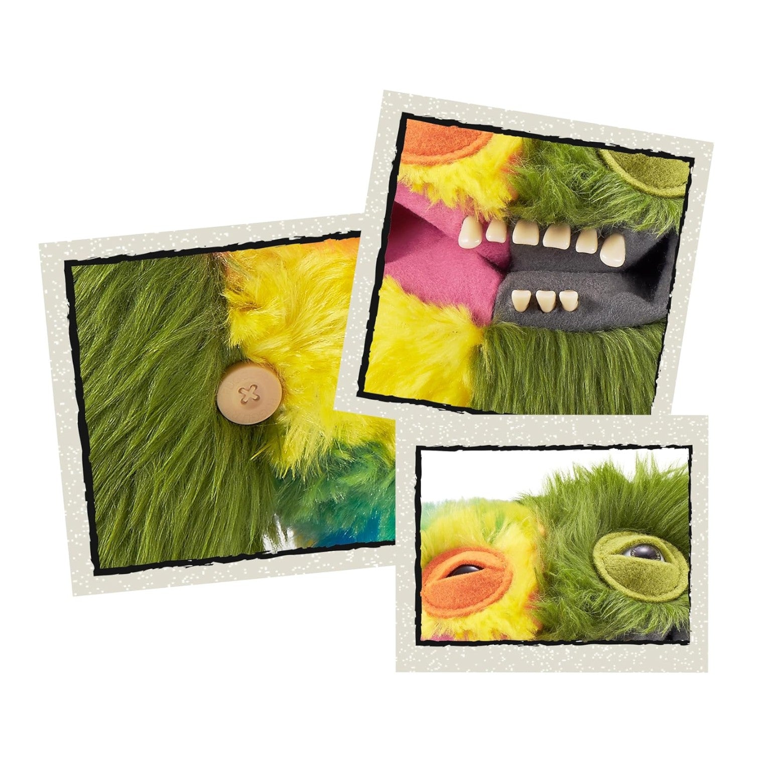 Colorful monster toy with green fur and various facial features on a white background