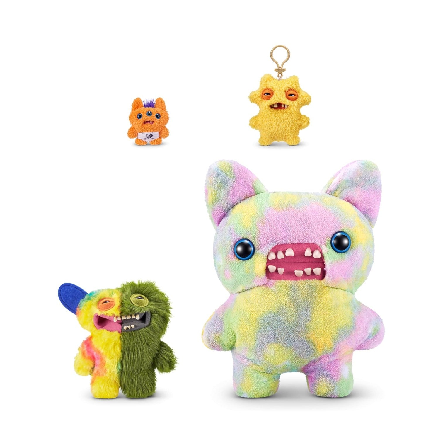 Colorful plush toys and keychains on a white background