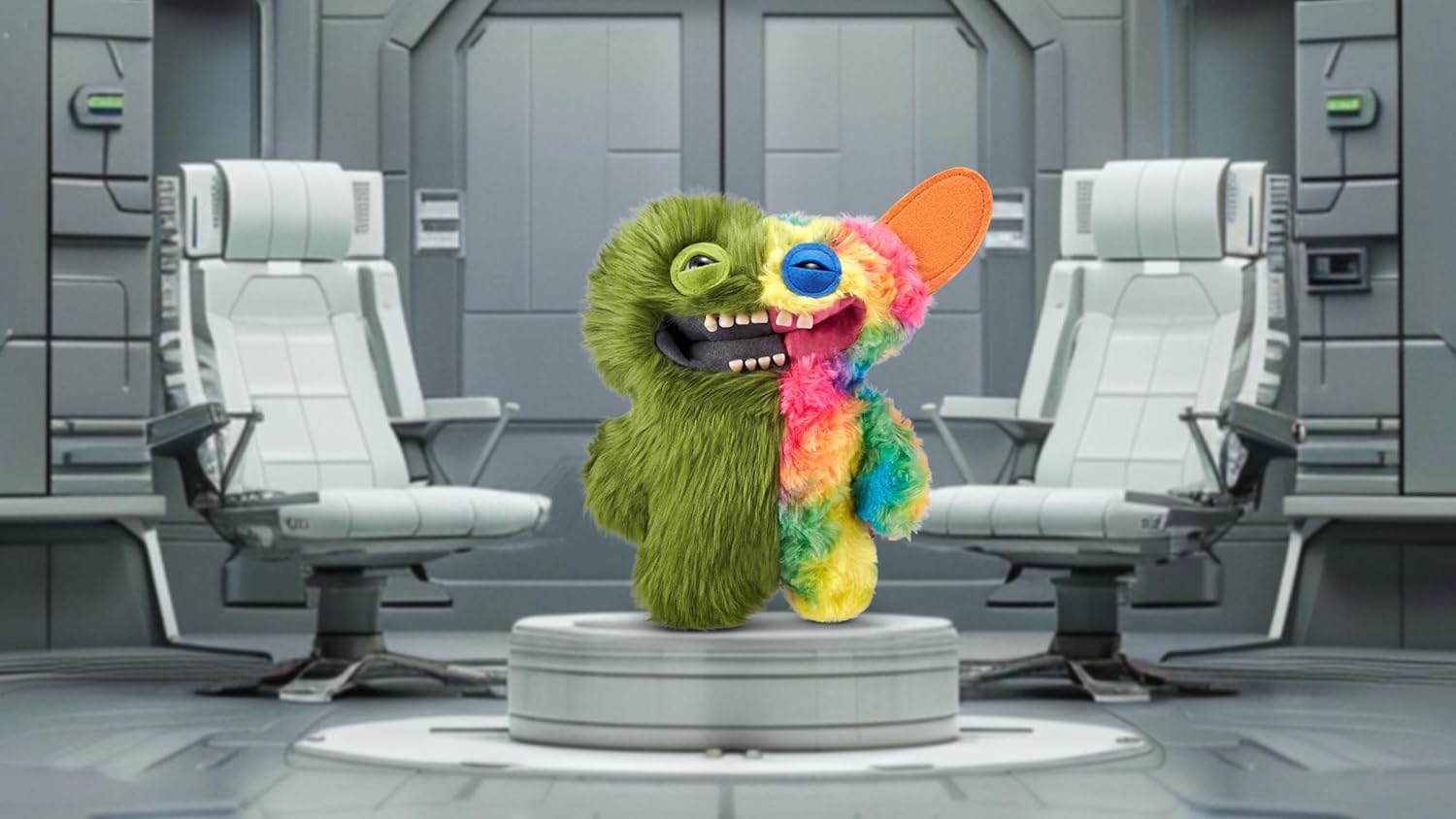Colorful creature in a futuristic room with gray chairs and panels.