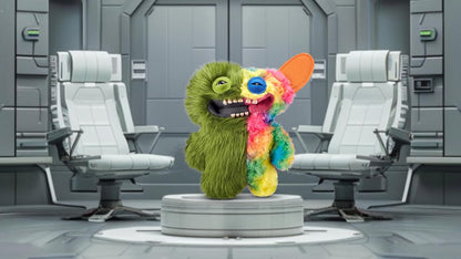 Colorful creature in a futuristic room with gray chairs and panels.