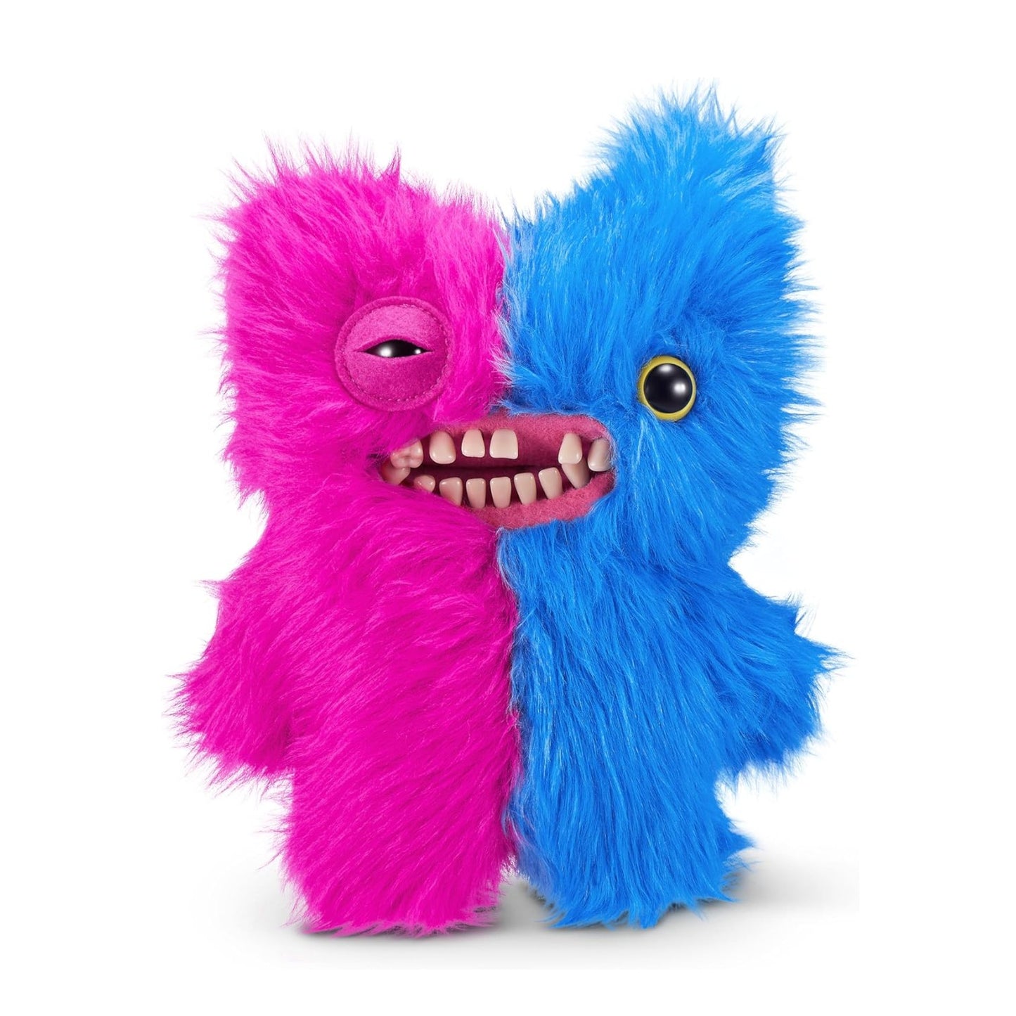 Fuggler Misfit Monsters Mr Screech pink and blue plush toy with human-like teeth