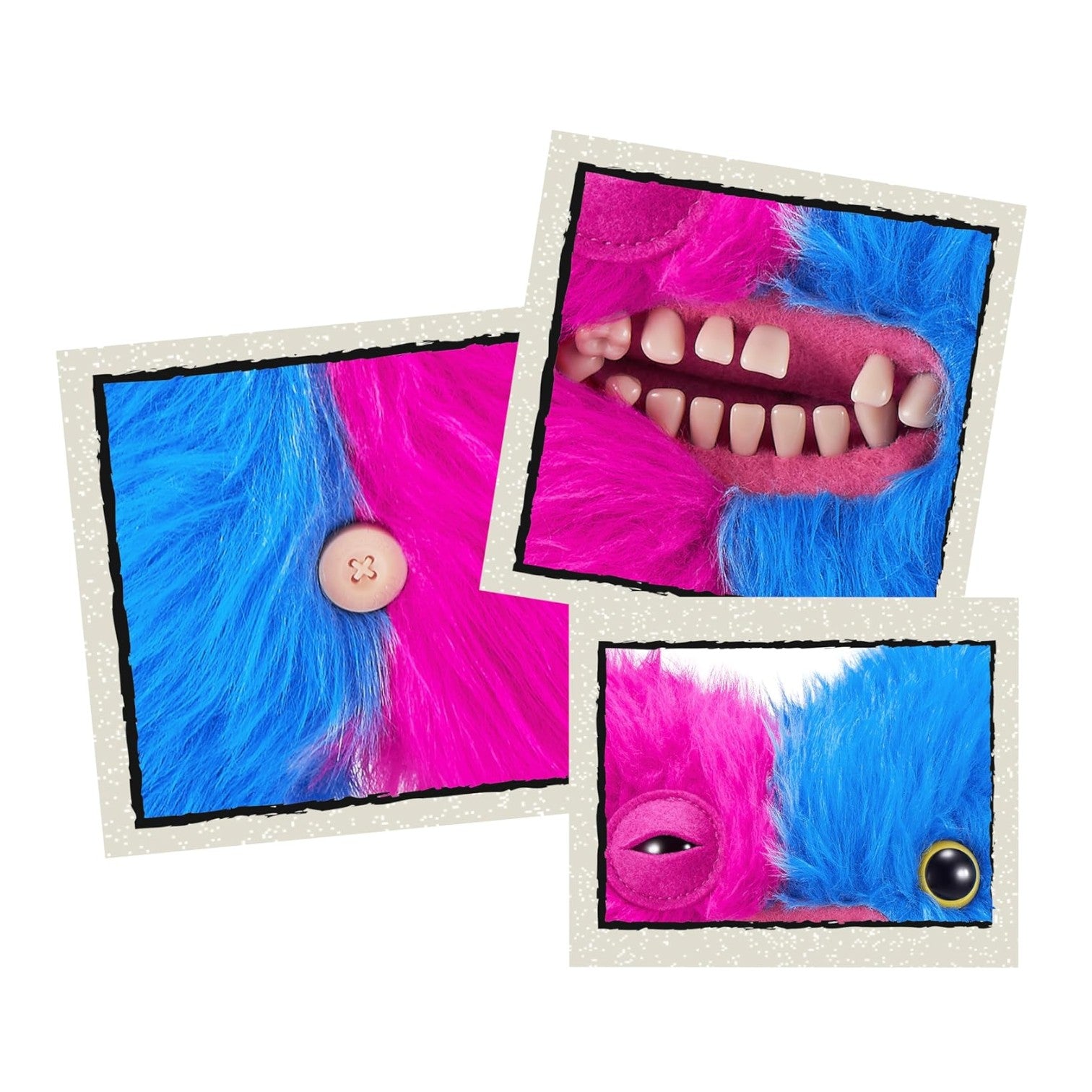 Pink and blue furry toy with button and eye on a white background