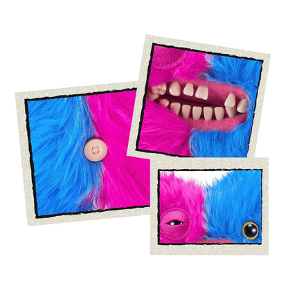 Pink and blue furry toy with button and eye on a white background