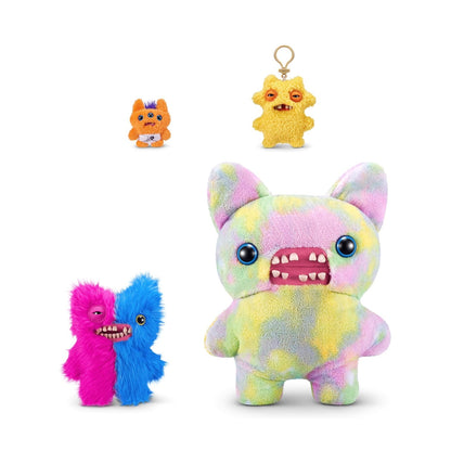 Colorful plush toys with different designs on a white background