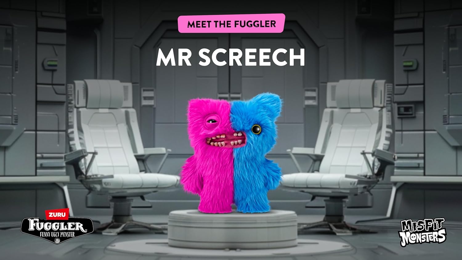 Two colorful characters, a pink one and a blue one, sitting on a platform with text above them in a futuristic setting.
