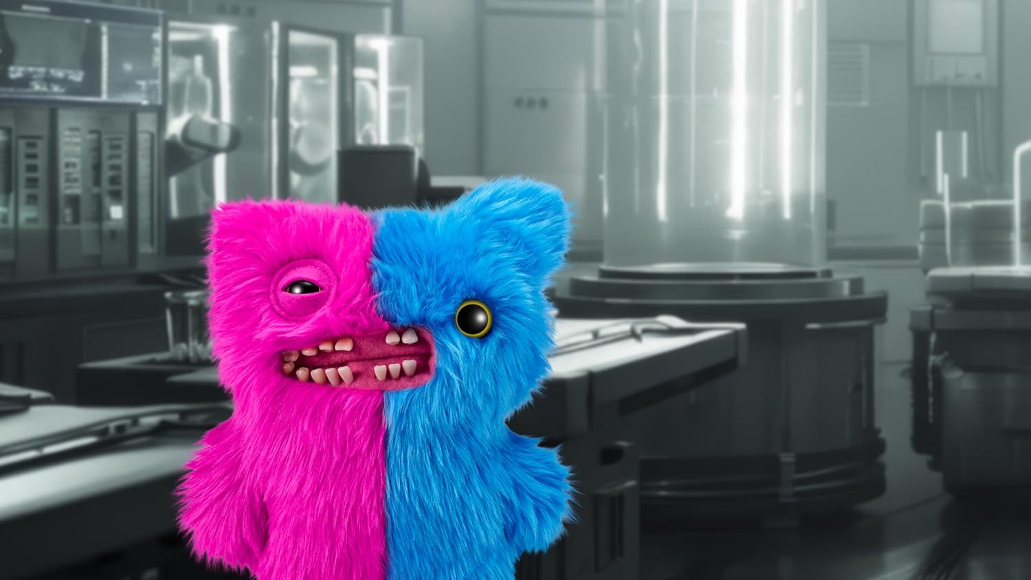 Two half-pink, half-blue furry creatures in a futuristic room.