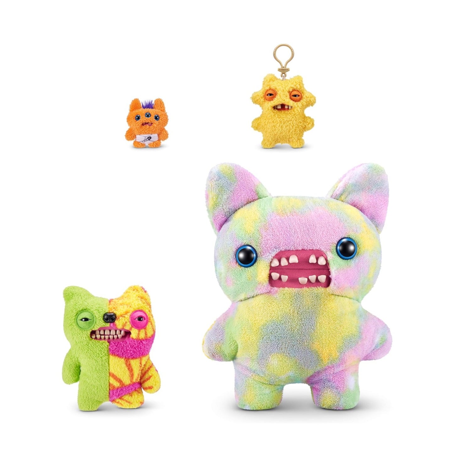 Set of colorful plush toys with different designs on a white background
