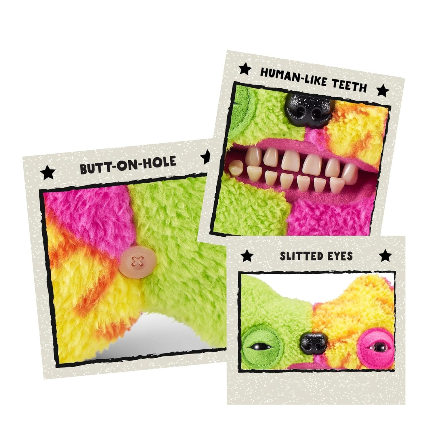 Fuggler Misfit Monsters Munch Tooth neon green and multi-colored plush toy with human-like teeth