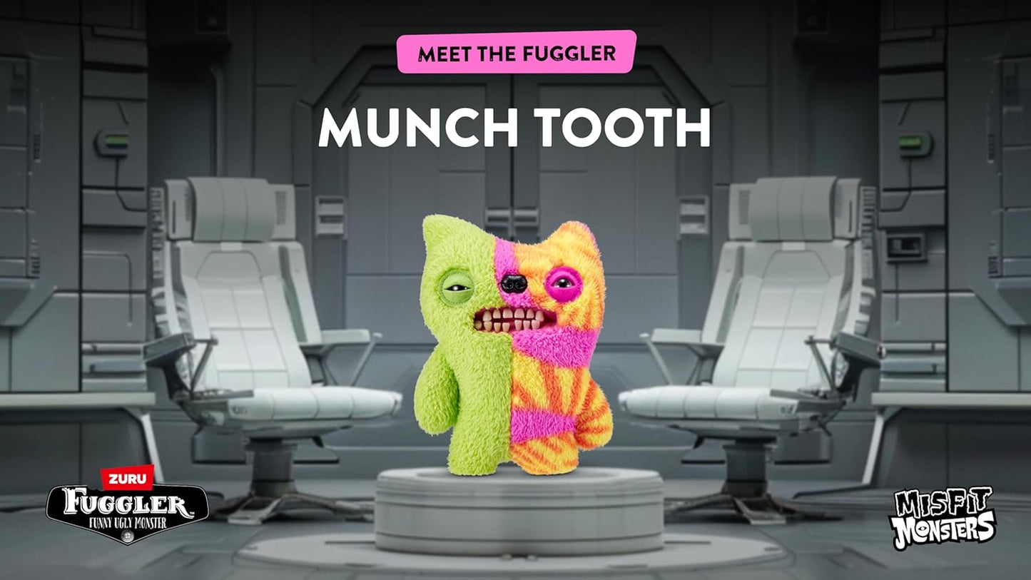 Two colorful plush toys, Munch Tooth and Fuggler, on a platform with chairs and a futuristic background.