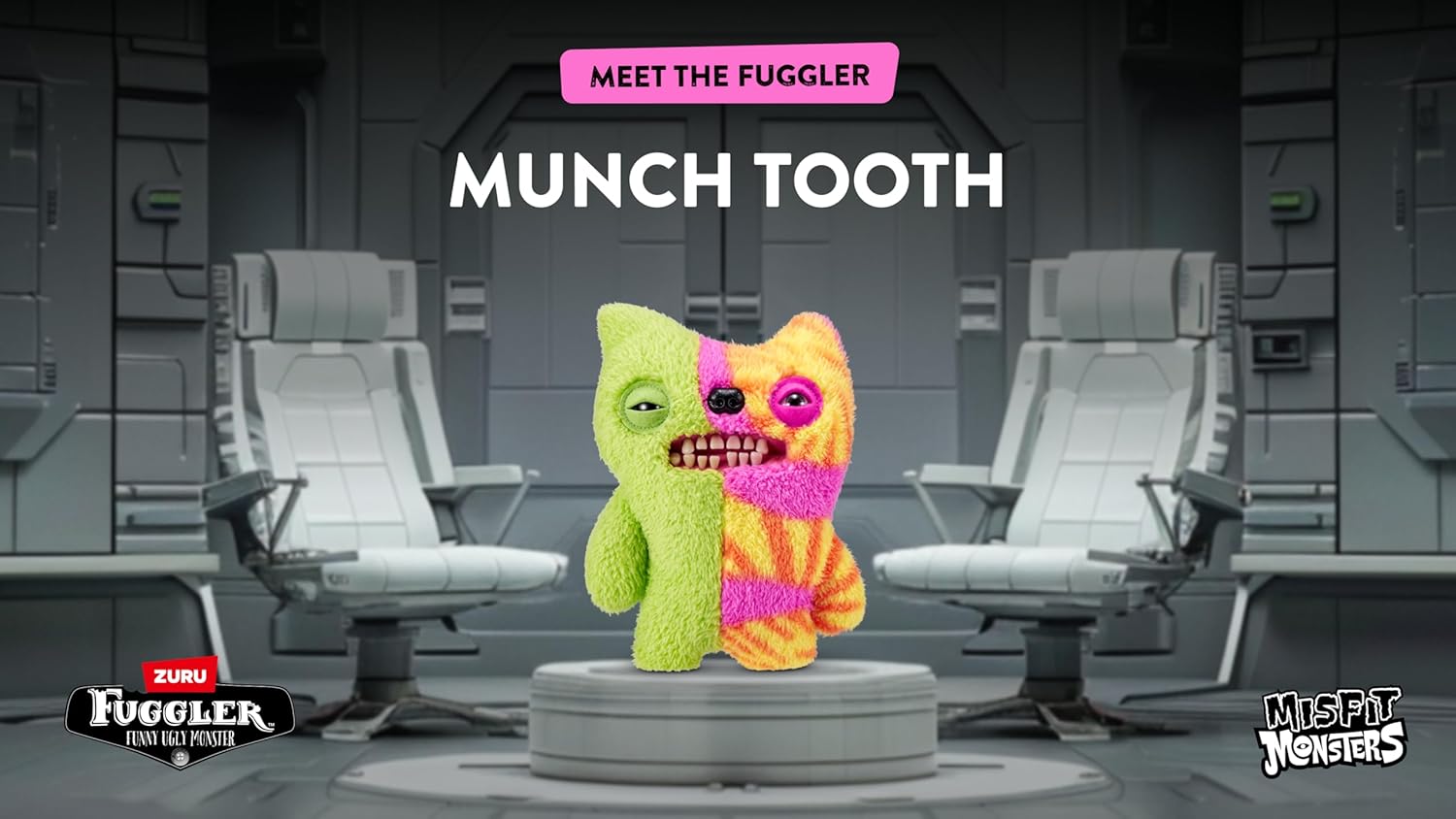 Two colorful plush toys, Munch Tooth and Fuggler, on a platform with chairs and a futuristic background.