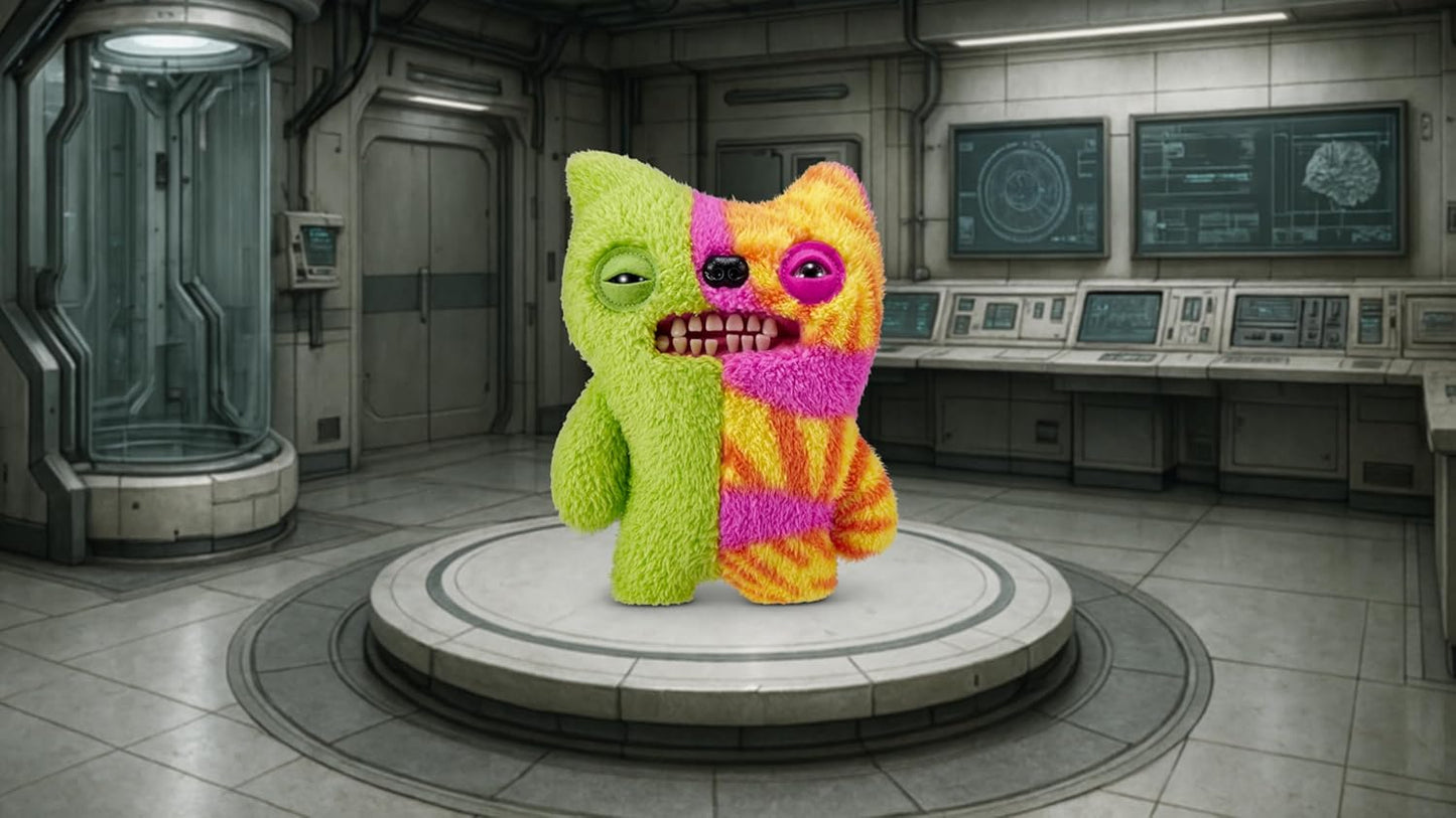 Colorful plush toy in a futuristic control room setting