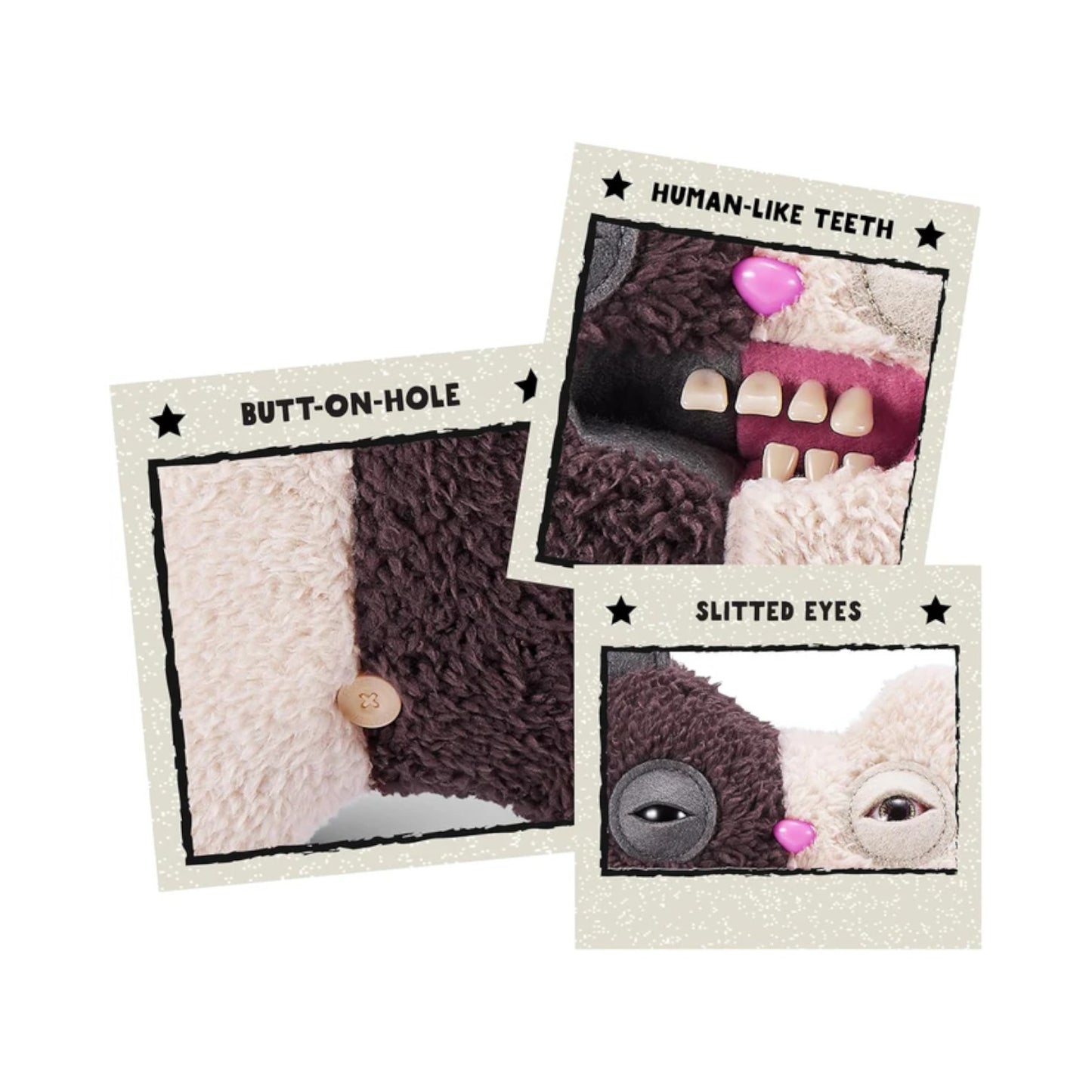 Three cards showing different parts of a plush toy with text labels on a white background.